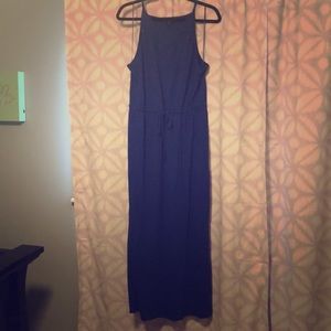 Blue maxi dress, high neckline with tribal design